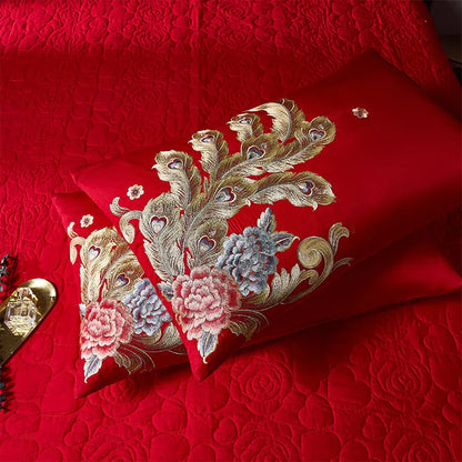 Decobites Red Chinese Wedding Style Bedding Set with Gold Loong Phoenix Embroidery