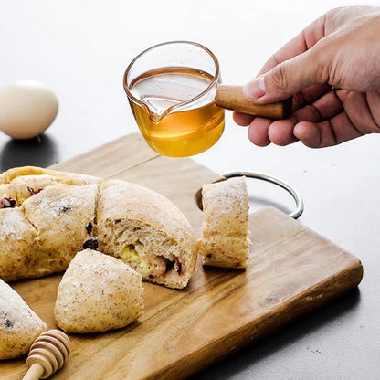 DecorBites™ Glass Espresso Measuring Cup with Wood Handle, Milk Jug for Coffee & Sauce