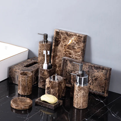 DecorBites™ Emperador Dark Marble Bathroom Set: Toothbrush Holder, Soap Dish, Soap Dispenser