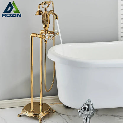 DecorBites™ Golden Bird Freestanding Bathtub Faucet with Dual Crystal Handles