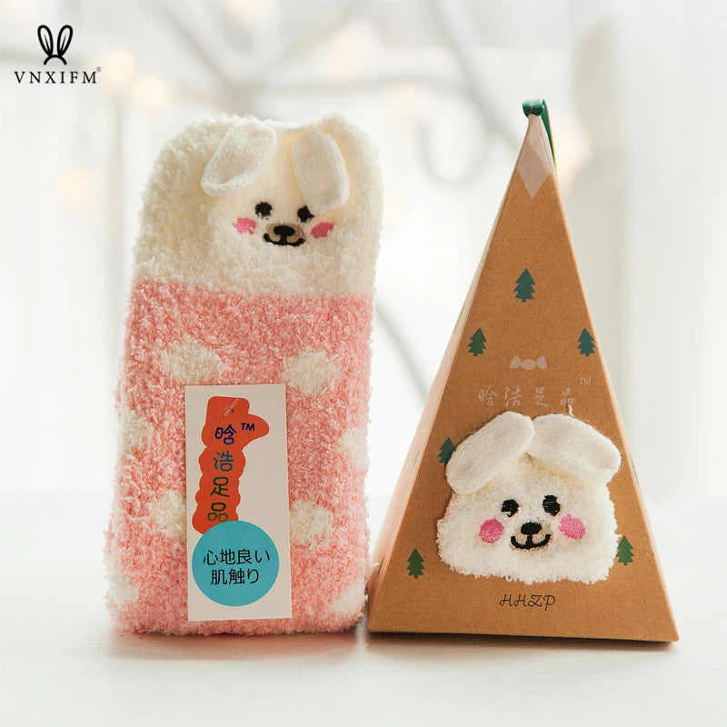 Cute Animal Design Deer Christmas socks Gift 3D Fluffy Coral Velvet Thick Warm Winter Sock For Women new Year gift Sox with Box