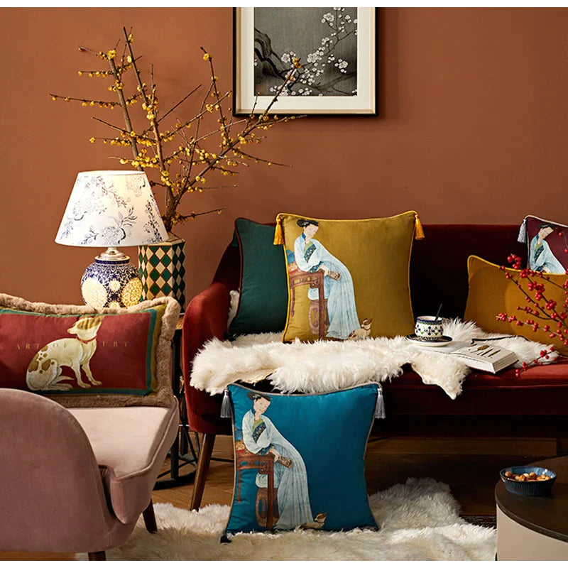 DecorBites™ Chinese Classical Women Print Cushion Cover with Tassels