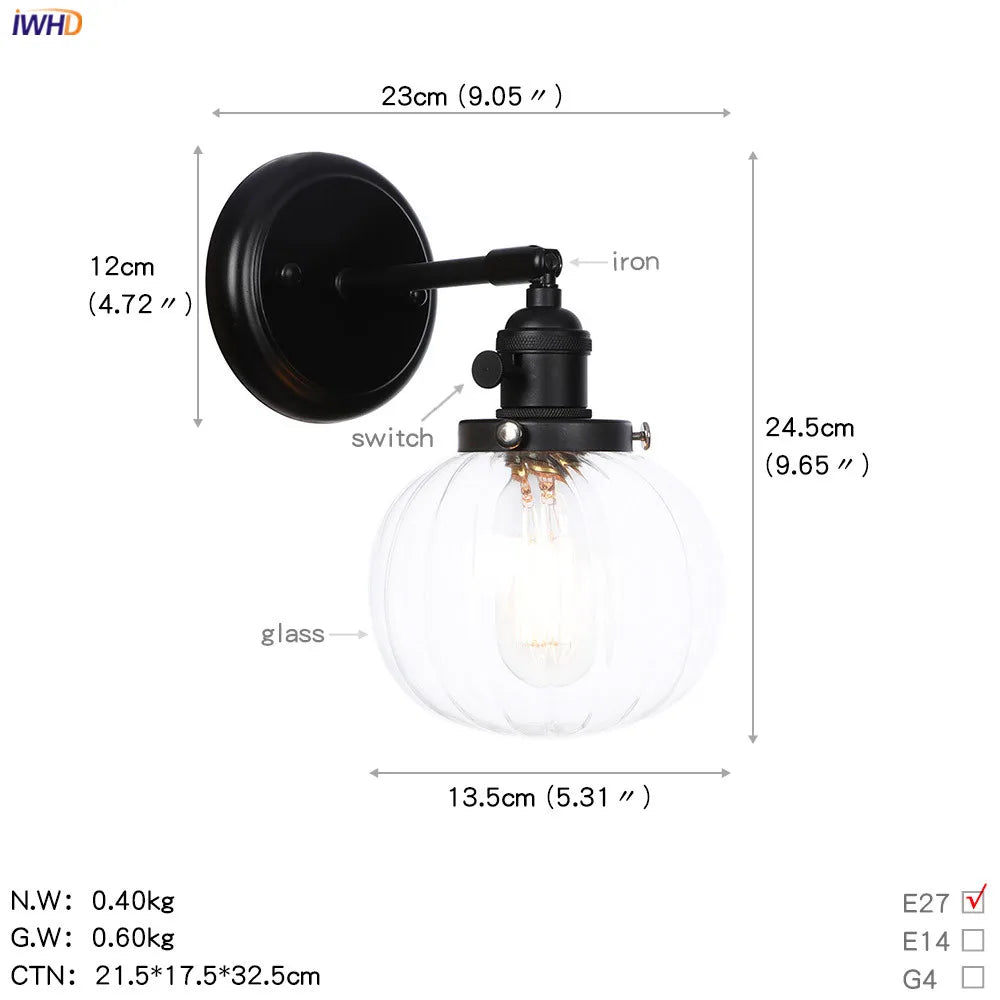 DecorBites™ Glass Ball Wall Light Switch Hallway Bathroom Mirror Stair Black Wall Sconce