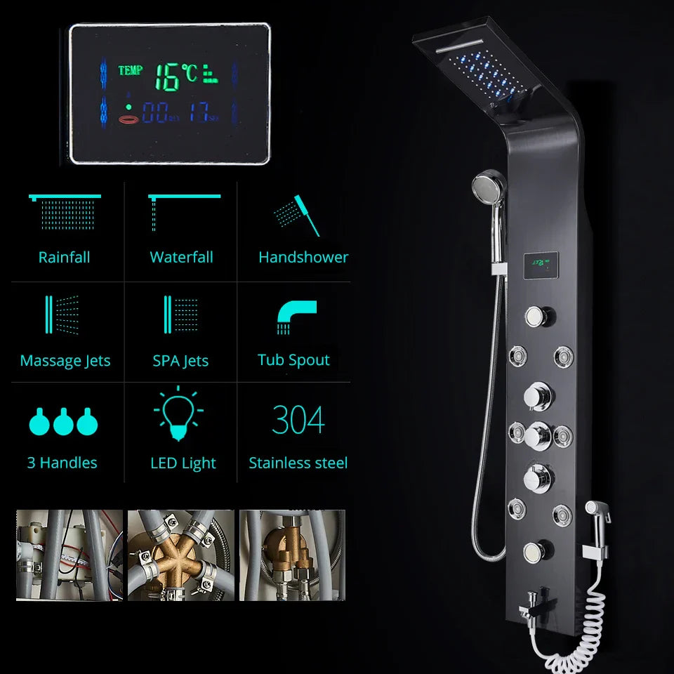 DecorBites™ LED Rainfall Shower Panel System with Temperature Screen