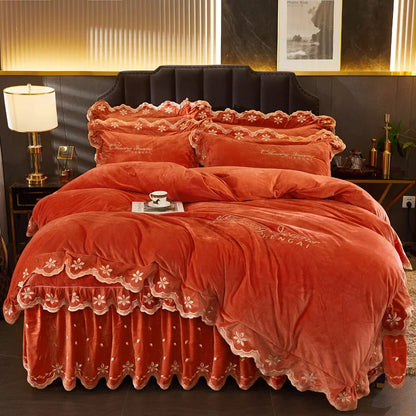 Decobites Velvet Bedding Set with Gold Embroidery & Ruffles