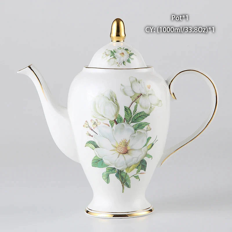 DecorBites™ Camellia Bone China Tea & Coffee Set - Porcelain Teatime Pot, Cups, & Sugarpot