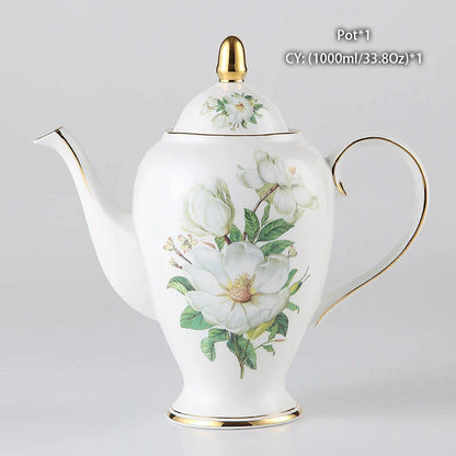 DecorBites™ Camellia Bone China Tea & Coffee Set - Porcelain Teatime Pot, Cups, & Sugarpot