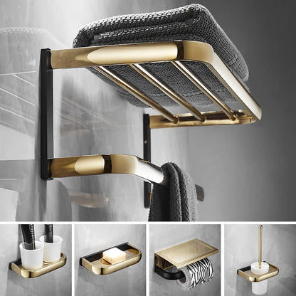 DecorBites™ Gold & Black Bathroom Hardware Set: Shelf, Towel Rack, Paper Holder, Brush Holder
