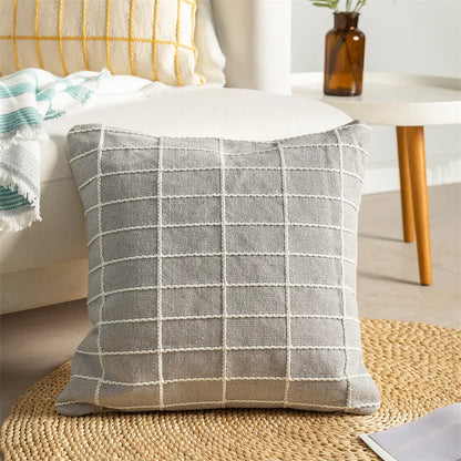 DecorBites™ Cotton Woven Check Yellow Grey Ivory Cushion Cover for Home Living Room