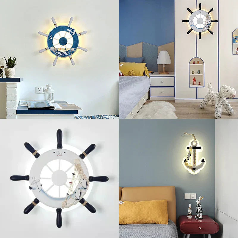 Luz de pared LED para niños Decorbites™ con timón de barco - Decoración mediterránea de tema oceánico