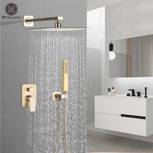 DecorBites™ Brushed Gold Shower Mixer: Wall Mount Rainfall Head, Hand Shower, Rotate Tub Spout