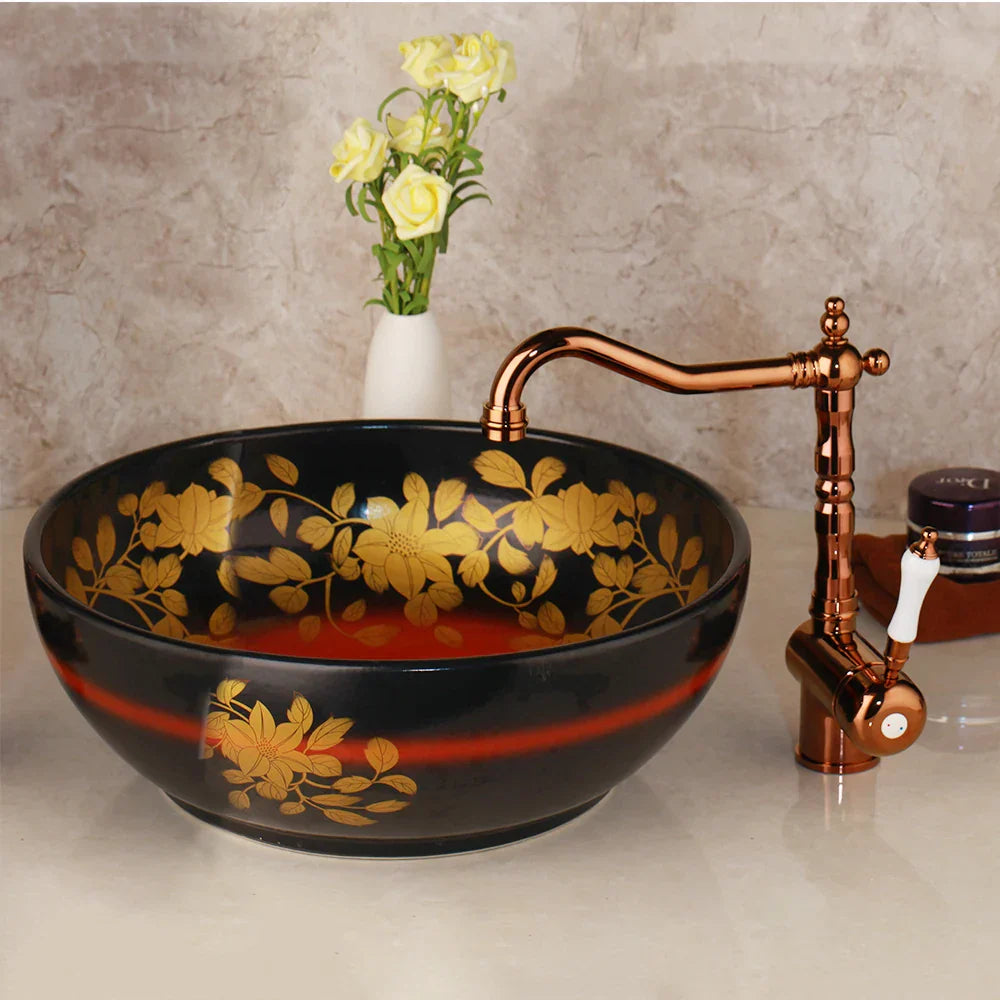 DecorBites™ Black Ceramic Hand-Painted Washbasin with Swivel Brass Faucet