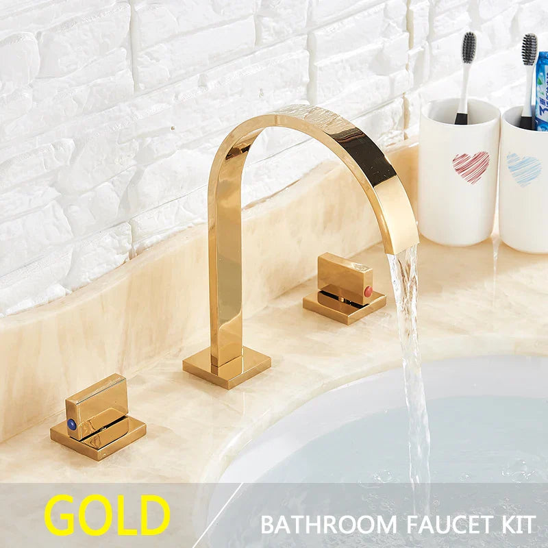DecorBites™ Golden Brass Dual Handle Basin Faucet Set - Deck Mounted Hot Cold Mixer