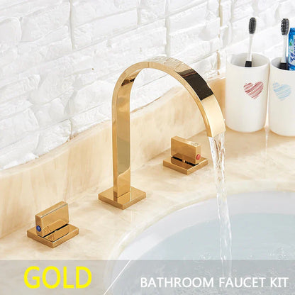 DecorBites™ Golden Brass Dual Handle Basin Faucet Set - Deck Mounted Hot Cold Mixer