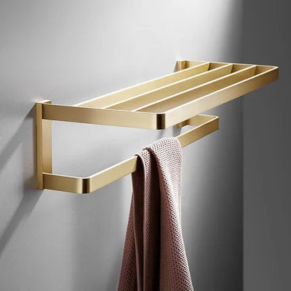 DecorBites™ Brushed Gold Bathroom Hardware Set: Towel Rack, Corner Shelf, Paper Holder, Hook, Toilet Brush Holder