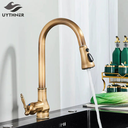 صنبور مطبخ من النحاس العتيق DecorBites™، صنبور خلاط بمقبض واحد قابل للسحب، يدور 360 درجة