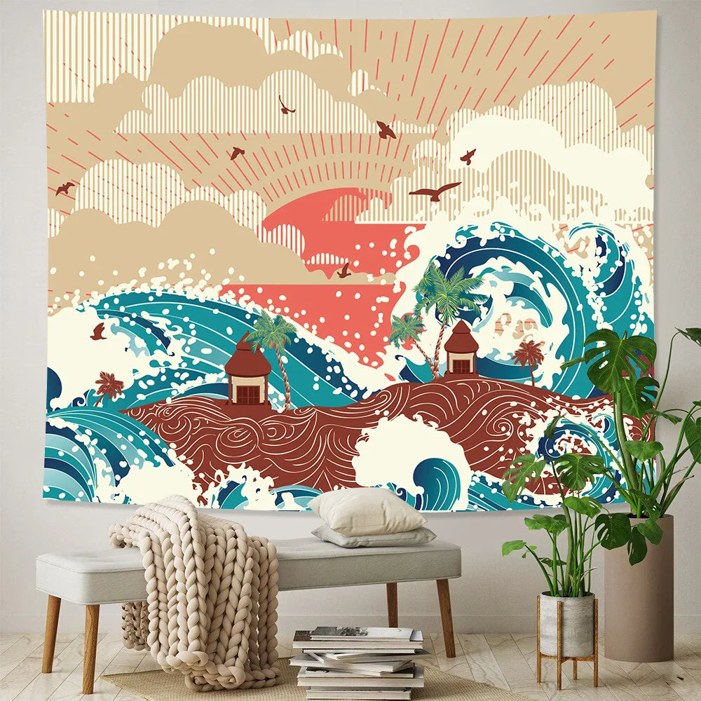 Decobites Sea Sunrise Japanese Home Art Tapestry Hippie Bohemian Wall Bed Sofa Blanket