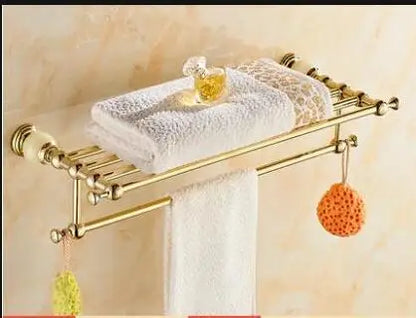 DecorBites™ Brass Jade Bathroom Hardware Set: Corner Shelf, Paper Holder, Towel Bar, Soap Basket, Rack.