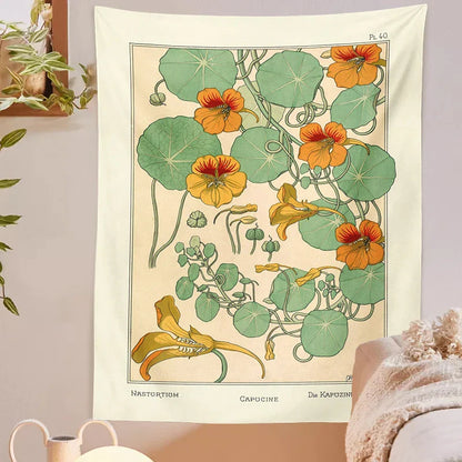 Decobites Wildflower Wall Hanging: Vintage Botanical Tapestry - Nasturtium Thistle Retro Design