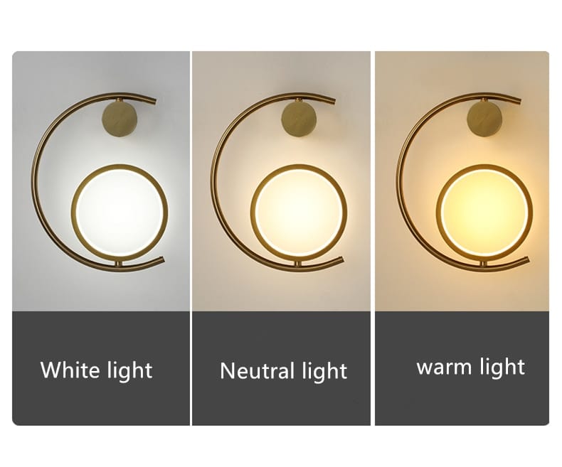 Modern gold luxury creative led bedside wall lamp with a brass-finished curved design and circular light fixture shown in white neutral and warm color temperature options.