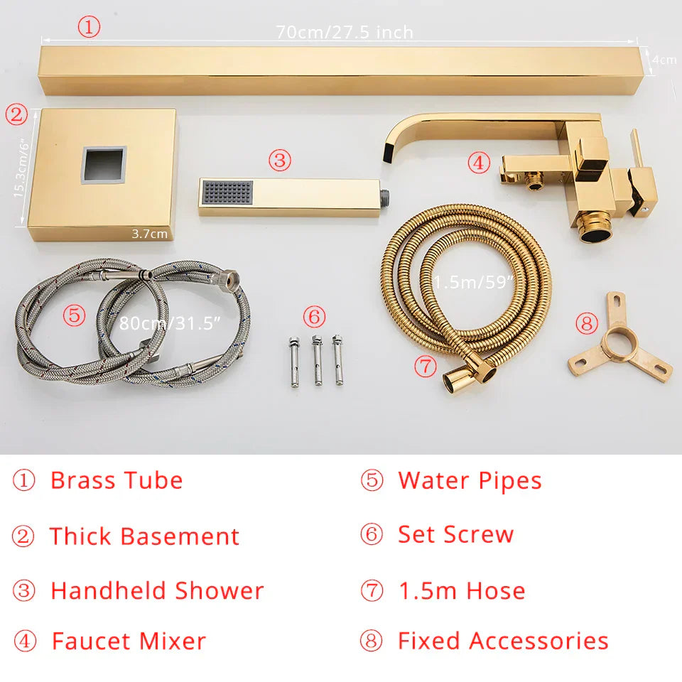 Juego de Grifos para Bañera de Oro Decorbites™ Mezclador de Ducha de Agua Caliente y Fría Grifo de Cascada Soporte de Suelo