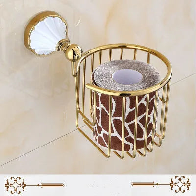 DecorBites™ Gold & White Bathroom Accessories Set: Corner Shelf, Paper Holder, Towel Holder, Toilet Brush Holder, Towel Rack