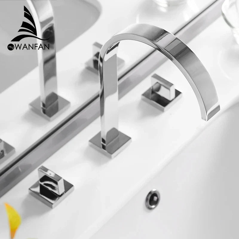 DecorBites™ Black Brass Deck Mounted Bathroom Sink Faucet Double Handle Hot/Cold Tap