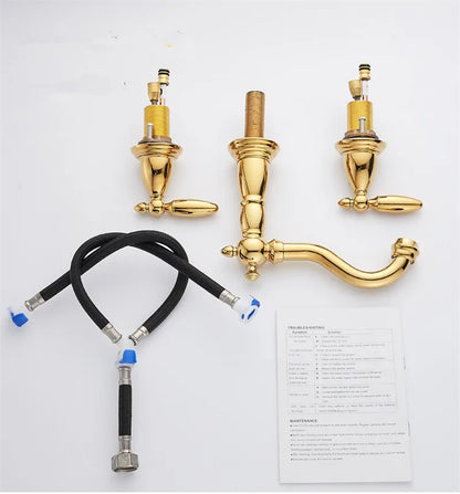 DecorBites™ Gold Brass Widespread Bathroom Faucet - Antique Sink Faucets 3 Hole