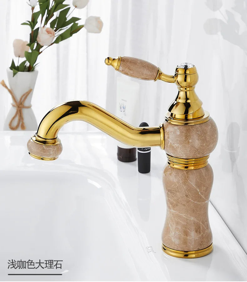 Decorbites™ Grifo de Lavabo para Baño en Latón Dorado y Mármol Mezclador de Agua Fría y Caliente para Fregadero