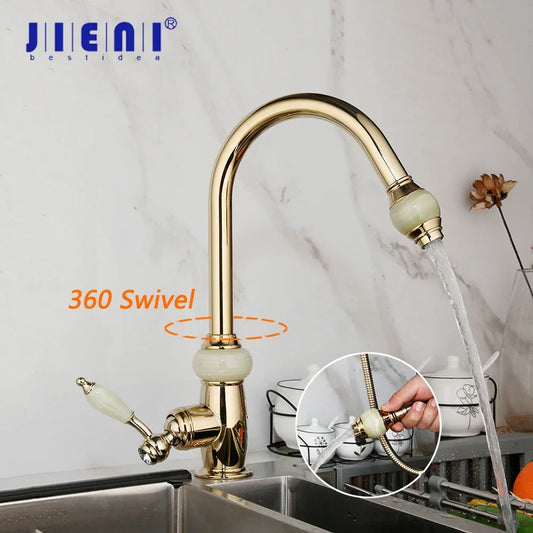 DecorBites™ Golden Jade & Diamond Handle Kitchen Faucet with Swivel Pull Out Function