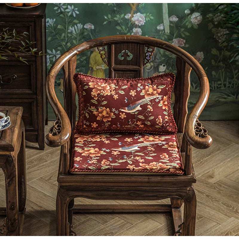 DecorBites™ Chinese Peony Flower & Bird Print Vermilion Pillow Cover