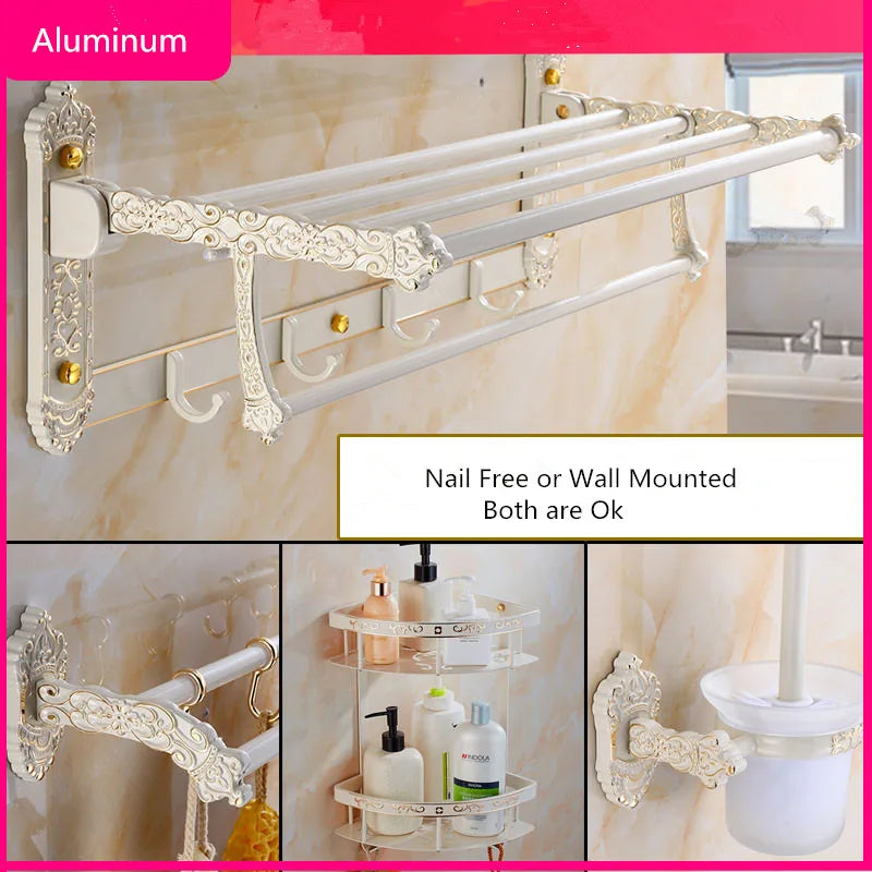 Juego de herrajes de baño de aluminio DecorBites™: estante, toallero, portarrollos de papel, soporte para cepillos, ganchos