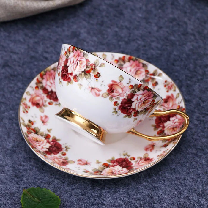 DecorBites™ Elegant Floral Tea Set - 200ml Capacity Bone China Cup, Saucer, and Spoon