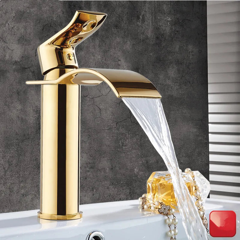 DecorBites™ Gold and White Waterfall Bathroom Basin Faucet Mixer Tap Hot Cold Sink