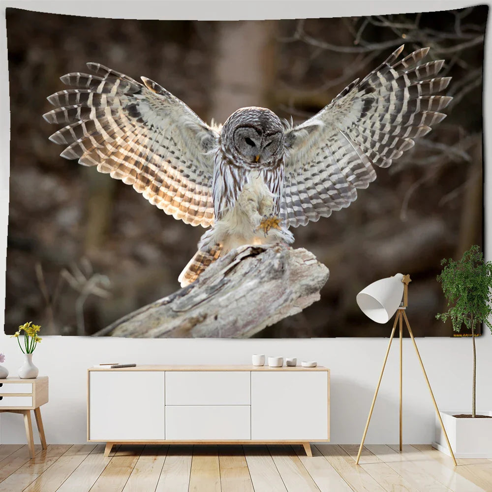 Decobites Owl On Tree 3D Tapestry - Abstract Mysterious Psychedelic Aesthetic Room Decor