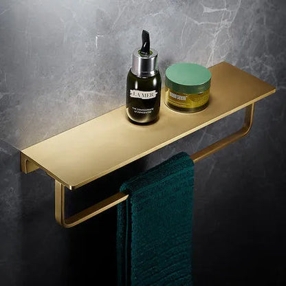 DecorBites™ Brass Bath Hardware Set: Shelf, Towel Rack, Paper & Toilet Brush Holder in Brushed Gold