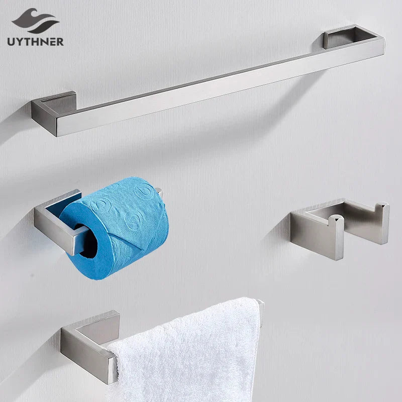 DecorBites™ Brushed Bath Hardware Set: Robe Hook, Towel Bar, Shelf, Tissue Holder, Toothbrush Stand