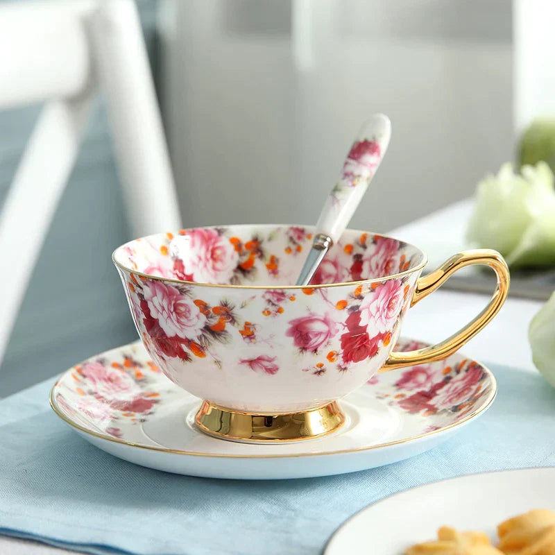 DecorBites™ Elegant Floral Tea Set - 200ml Capacity Bone China Cup, Saucer, and Spoon