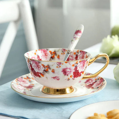 DecorBites™ Elegant Floral Tea Set - 200ml Capacity Bone China Cup, Saucer, and Spoon