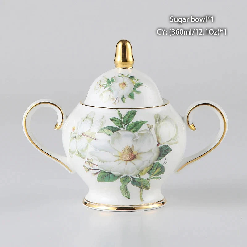 DecorBites™ Camellia Bone China Tea & Coffee Set - Porcelain Teatime Pot, Cups, & Sugarpot