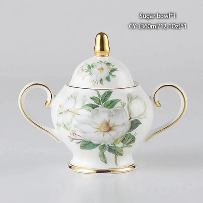 DecorBites™ Camellia Bone China Tea & Coffee Set - Porcelain Teatime Pot, Cups, & Sugarpot