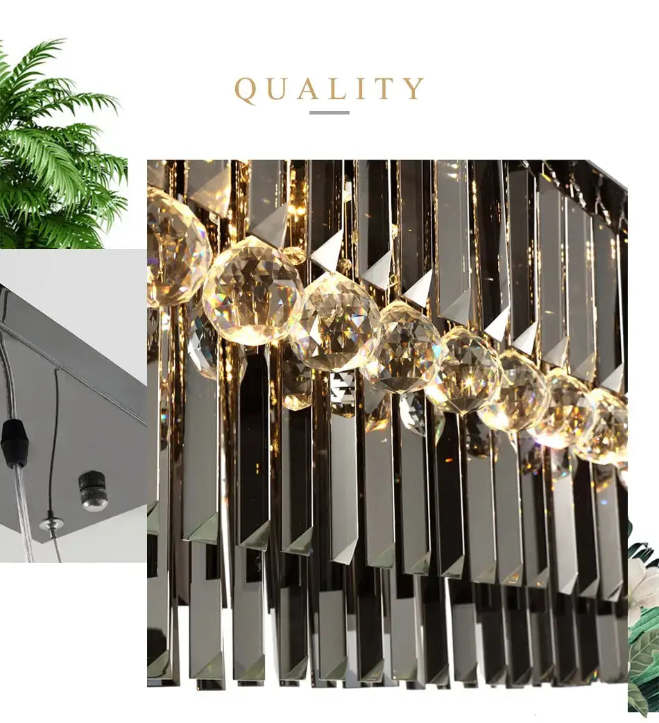 A modern black rectangle crystal chandelier featuring a cascade of clear faceted crystal spheres and sleek black mirrored rectangular panels for dining room hanging light.