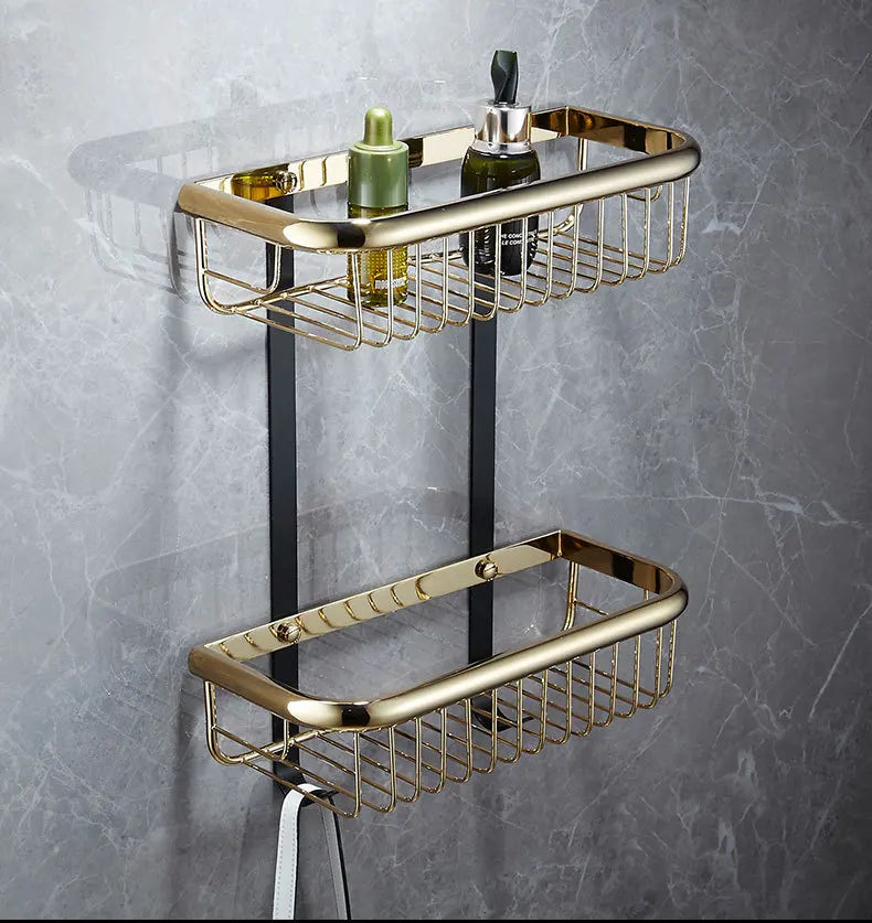 DecorBites™ Gold & Black Corner Shelf: Brass Bathroom Shelves for Stylish Storage