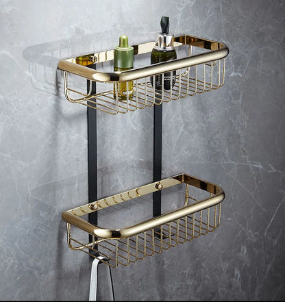 DecorBites™ Gold & Black Corner Shelf: Brass Bathroom Shelves for Stylish Storage
