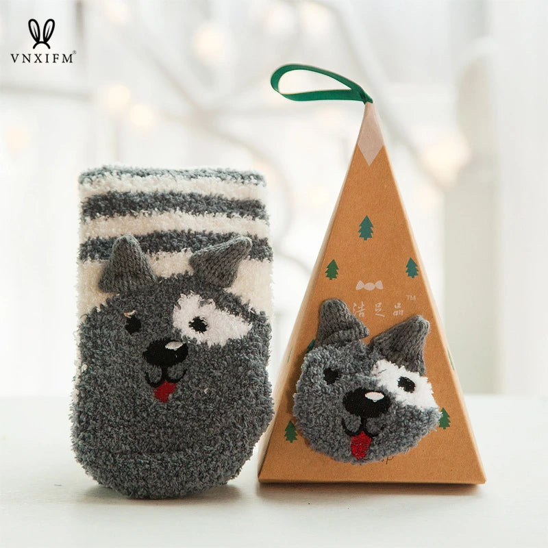 Cute Animal Design Deer Christmas socks Gift 3D Fluffy Coral Velvet Thick Warm Winter Sock For Women new Year gift Sox with Box