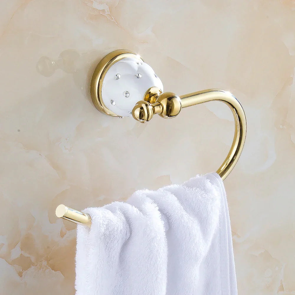DecorBites™ Golden Bath Hardware Set: TP Holder, Towel Rack, Tissue Holder, Cup Holder, Robe Hook