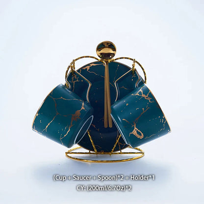 Juego de té DecorBites™ de cerámica de mármol de 200 ml con cuchara y platillo