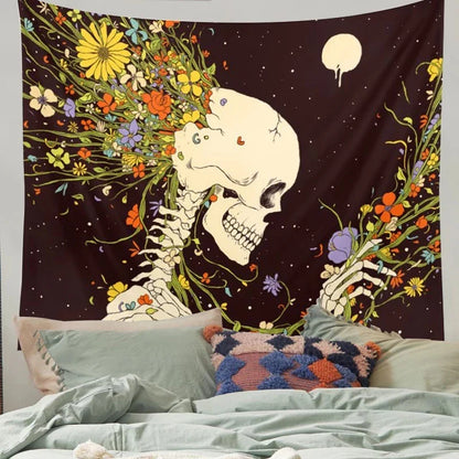 Decobites Skull Moon Mandala Tapestry Floral Wall Hanging Blanket