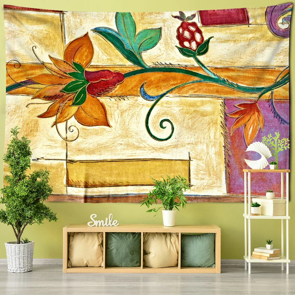 Yellow Flowers Ink Tapestry Wall Mount Bohemian Style by Decobites - Mandala Witchcraft Decor