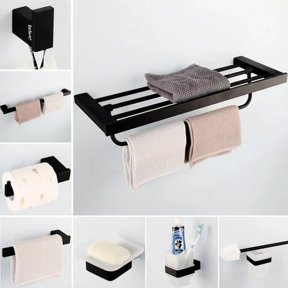 DecorBites™ Black Matte Stainless Steel Bathroom Hardware Set: Paper Holder, Toothbrush Holder, Towel Bar & Accessories
